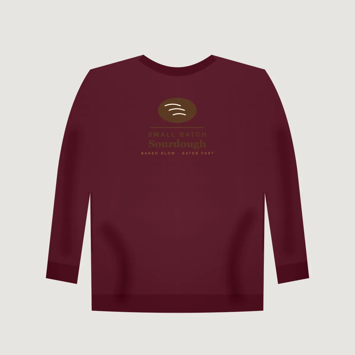 Maroon crewneck sweatshirt mockup with the "Small Batch Sourdough" print