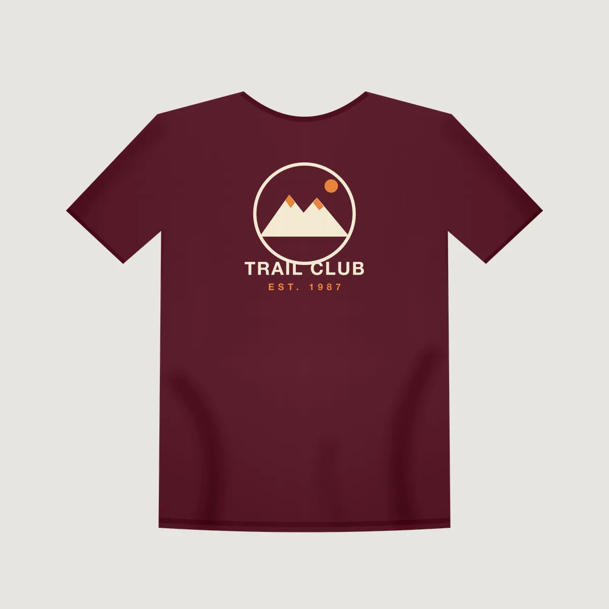 Maroon t-shirt mockup with the "Trail Club 1987" print